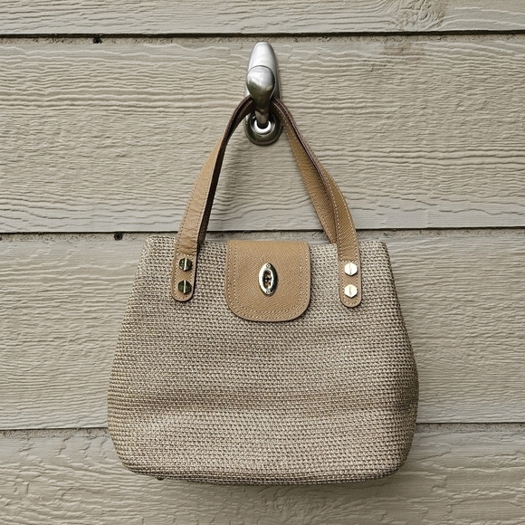 Eric Javits beige straw top handle bag with gold metallic flecks FLAWED - Picture 1 of 14